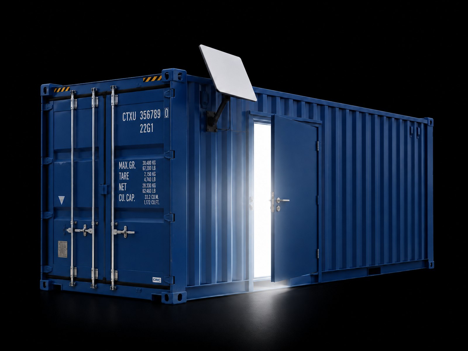 Render of a blue shipping container with an open glowing door and roof antenna